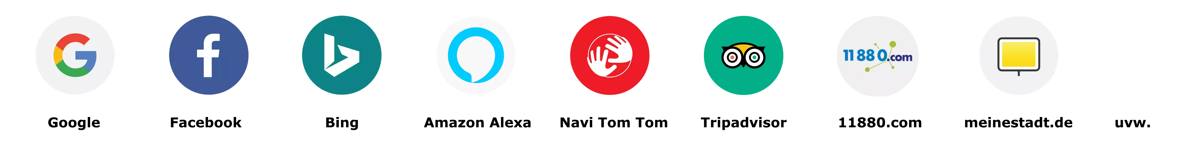 Google, Facebook, Bing, Amazon Alexa Sprachsteuerung, Navigationsdiensten, Tripadvisor, 11880, meinestadt.de, 