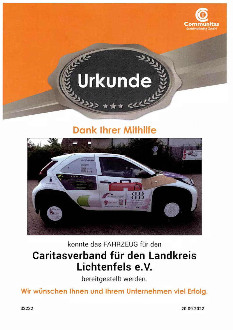 Urkunde für Fahrzeugsponsoring - Caritas Verband Urkunde für Fahrzeugsponsoring - Caritas Verband